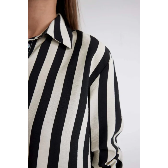 D4511 Oversize Fit Desenli Uzun Kollu Gömlek
