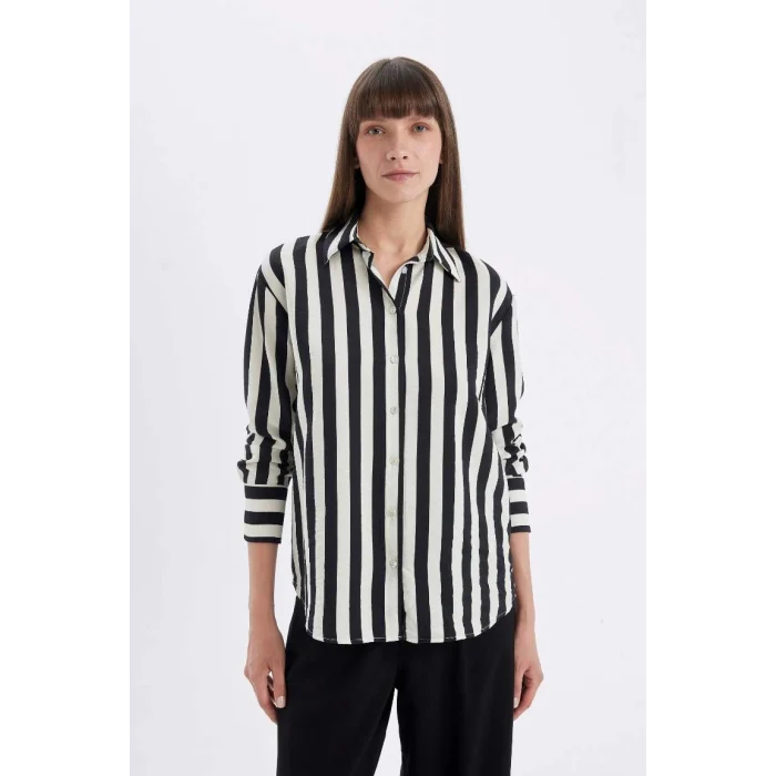 D4511 Oversize Fit Desenli Uzun Kollu Gömlek