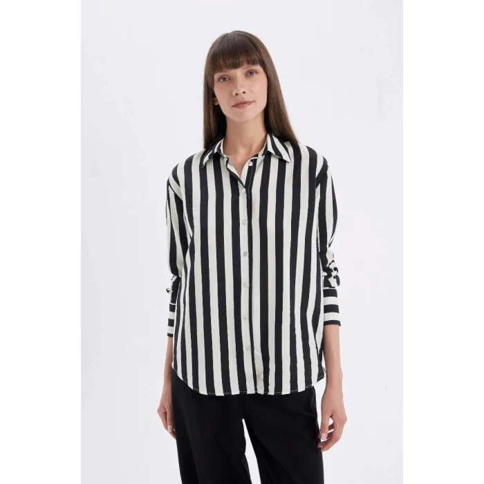 D4511 Oversize Fit Desenli Uzun Kollu Gömlek