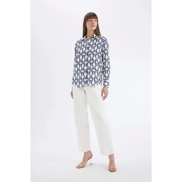 D4511 Oversize Fit Desenli Uzun Kollu Gömlek