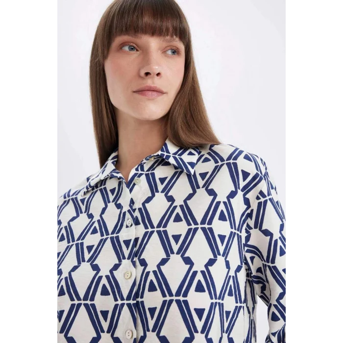 D4511 Oversize Fit Desenli Uzun Kollu Gömlek