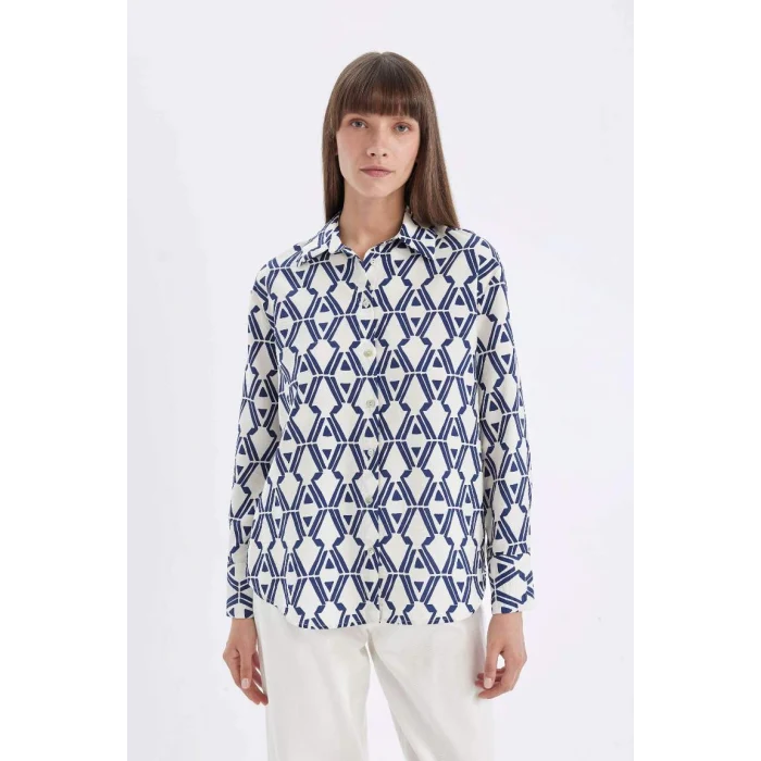 D4511 Oversize Fit Desenli Uzun Kollu Gömlek