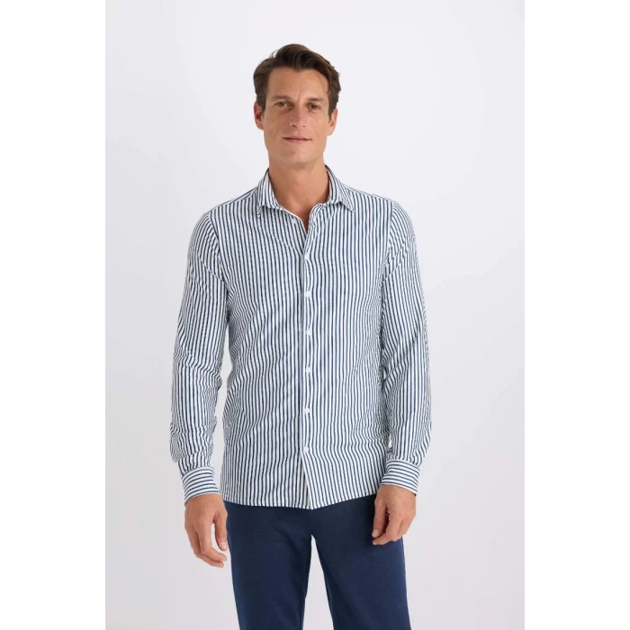 D4563 Slim Fit Dar Kesim Polo Yaka Çizgili Uzun Kollu Gömlek