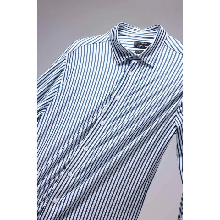 D4563 Slim Fit Dar Kesim Polo Yaka Çizgili Uzun Kollu Gömlek