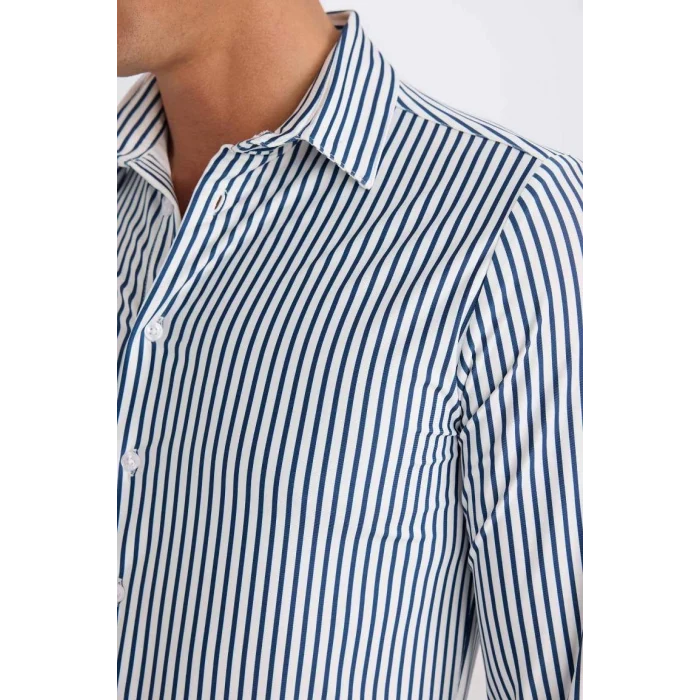 D4563 Slim Fit Dar Kesim Polo Yaka Çizgili Uzun Kollu Gömlek