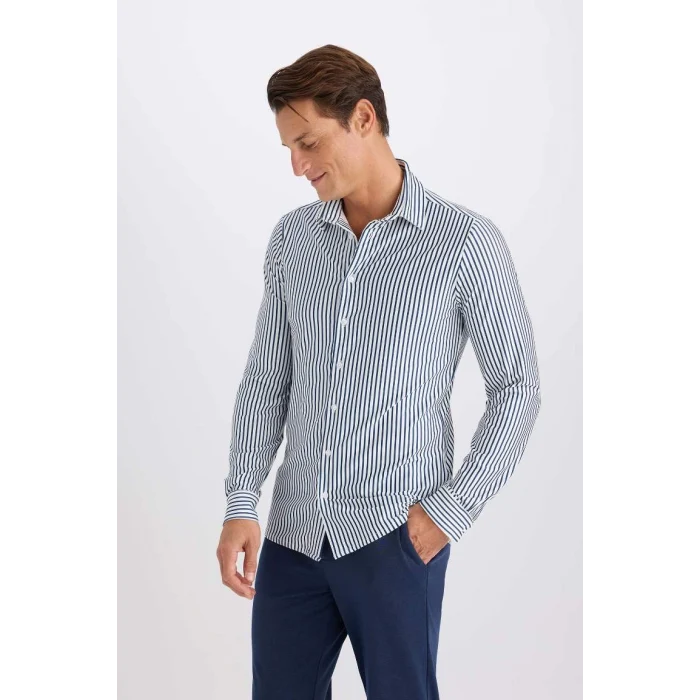 D4563 Slim Fit Dar Kesim Polo Yaka Çizgili Uzun Kollu Gömlek