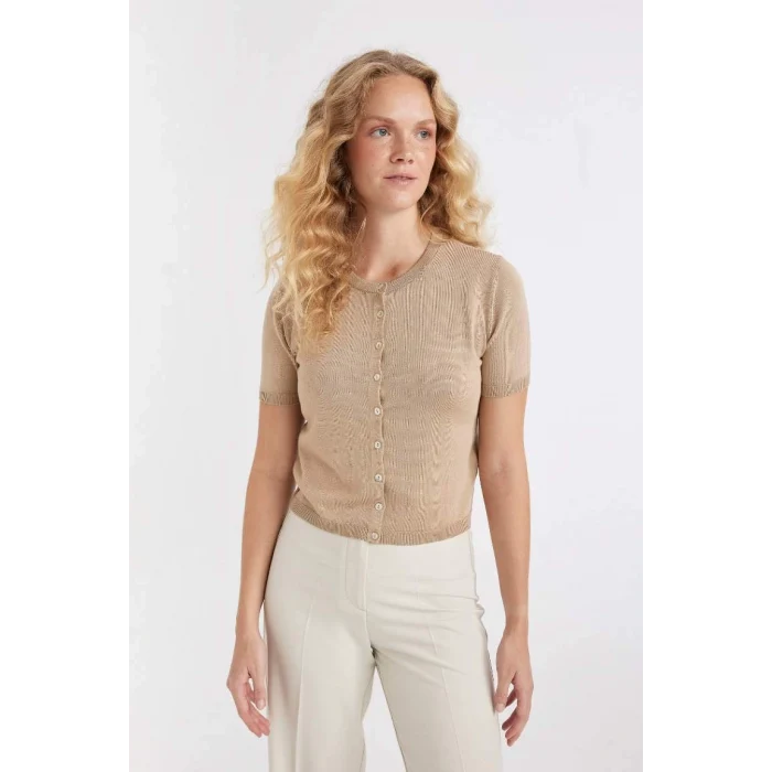 D4643 Regular Fit Bisiklet Yaka Basic Düz Düğmeli Kısa Kollu Triko Hırka