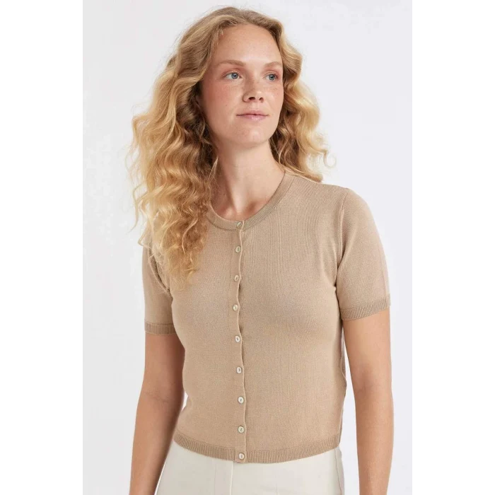 D4643 Regular Fit Bisiklet Yaka Basic Düz Düğmeli Kısa Kollu Triko Hırka