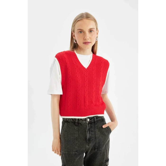 D4680 Coool Slim Fit Dar Kesim Basic Düz V Yaka Kırmızı Triko Süveter