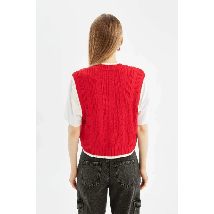 D4680 Coool Slim Fit Dar Kesim Basic Düz V Yaka Kırmızı Triko Süveter