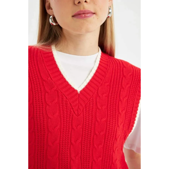 D4680 Coool Slim Fit Dar Kesim Basic Düz V Yaka Kırmızı Triko Süveter