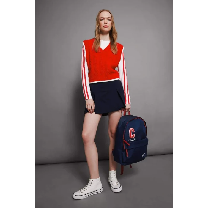 D4680 Coool Slim Fit Dar Kesim Basic Düz V Yaka Kırmızı Triko Süveter