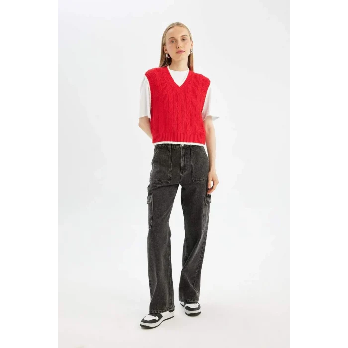 D4680 Coool Slim Fit Dar Kesim Basic Düz V Yaka Kırmızı Triko Süveter