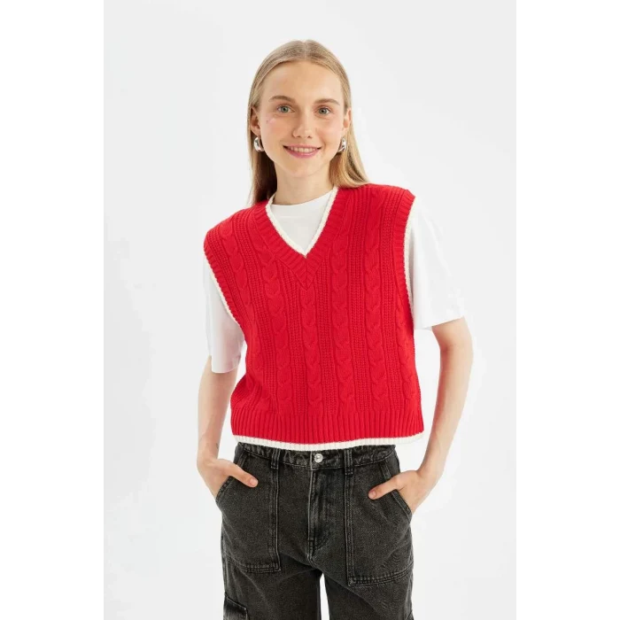 D4680 Coool Slim Fit Dar Kesim Basic Düz V Yaka Kırmızı Triko Süveter