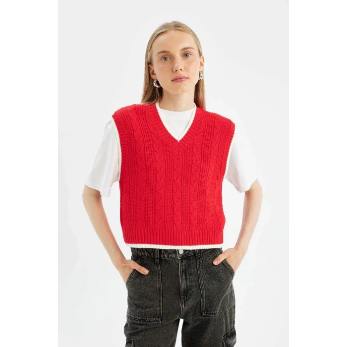 D4680 Coool Slim Fit Dar Kesim Basic Düz V Yaka Kırmızı Triko Süveter