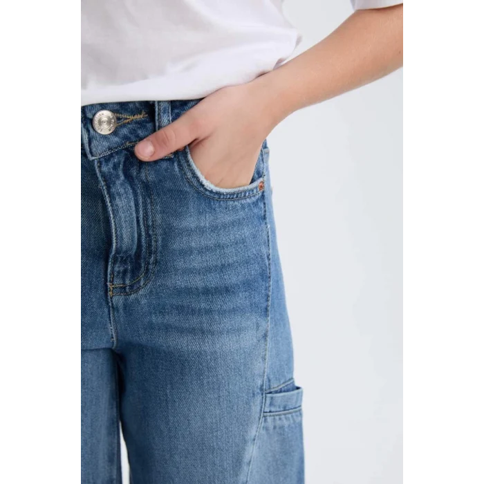 D4689 Kız Çocuk Wide Leg Kargo Cepli Geniş Bol Paça Jean Pantolon