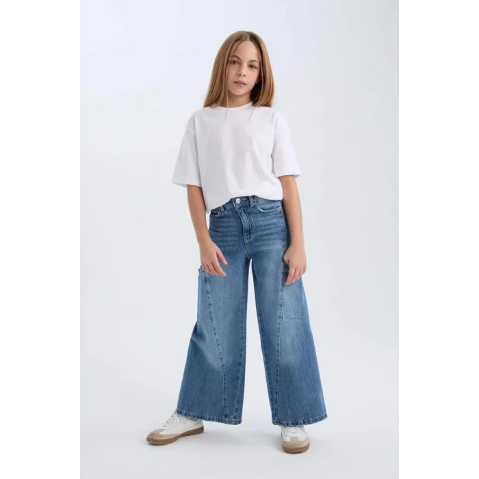 D4689 Kız Çocuk Wide Leg Kargo Cepli Geniş Bol Paça Jean Pantolon