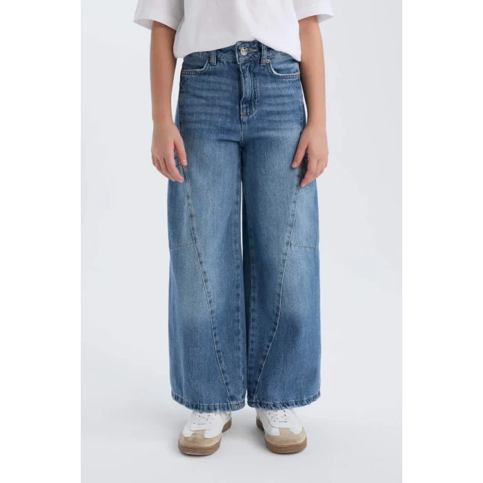 D4689 Kız Çocuk Wide Leg Kargo Cepli Geniş Bol Paça Jean Pantolon