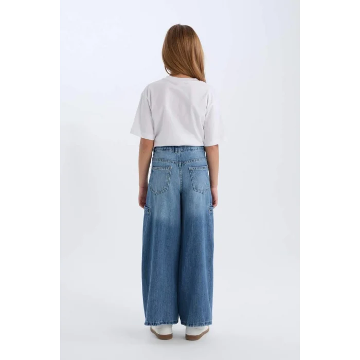 D4689 Kız Çocuk Wide Leg Kargo Cepli Geniş Bol Paça Jean Pantolon