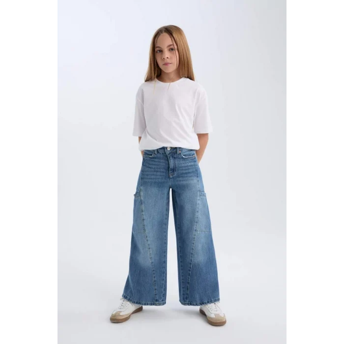 D4689 Kız Çocuk Wide Leg Kargo Cepli Geniş Bol Paça Jean Pantolon