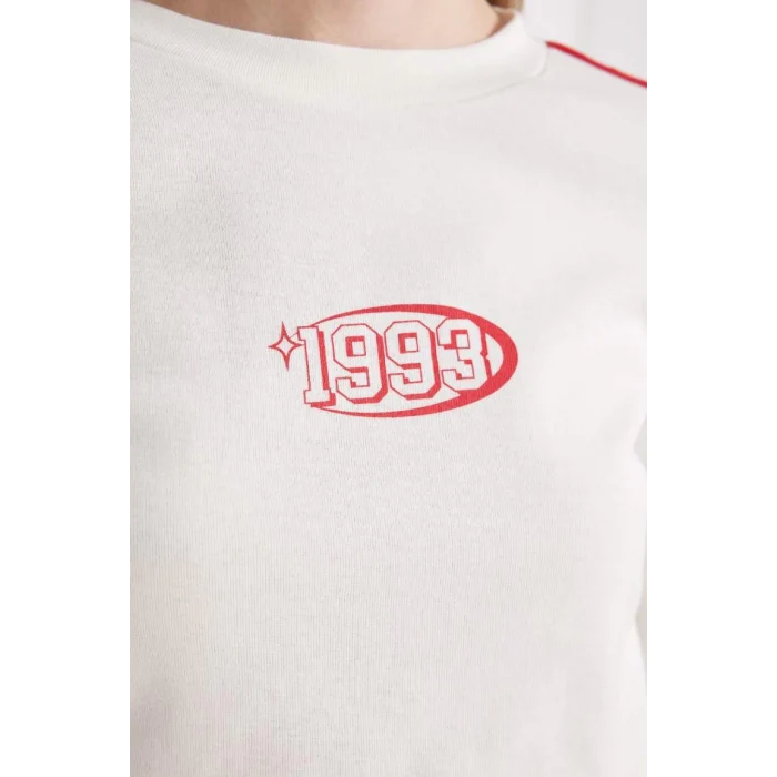 D4752 Beyaz Coool Fitted Vücuda Oturan Bisiklet Yaka Baskılı Ribana Uzun Kollu Tişört