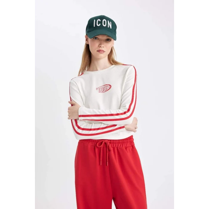 D4752 Beyaz Coool Fitted Vücuda Oturan Bisiklet Yaka Baskılı Ribana Uzun Kollu Tişört