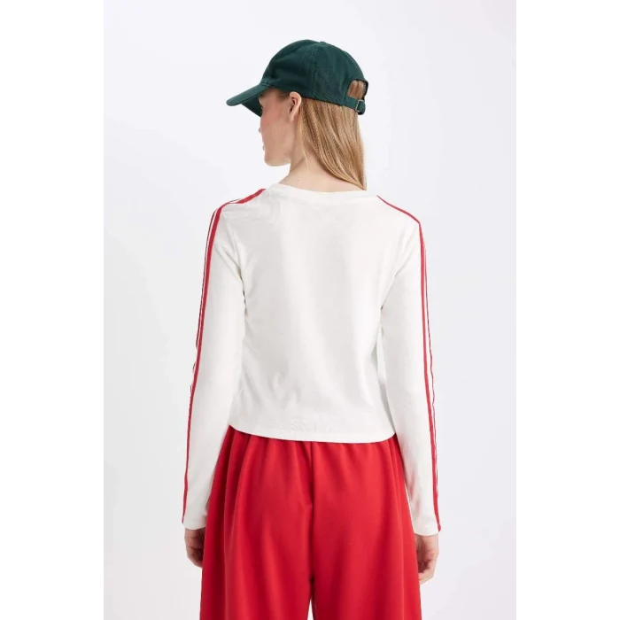 D4752 Beyaz Coool Fitted Vücuda Oturan Bisiklet Yaka Baskılı Ribana Uzun Kollu Tişört