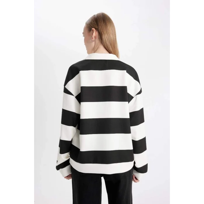 D4754 Oversize Geniş Kalıp Çizgili Polo Yaka Kalın Sweatshirt