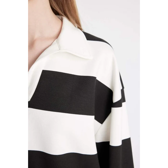 D4754 Oversize Geniş Kalıp Çizgili Polo Yaka Kalın Sweatshirt