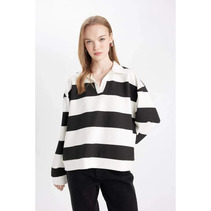 D4754 Oversize Geniş Kalıp Çizgili Polo Yaka Kalın Sweatshirt
