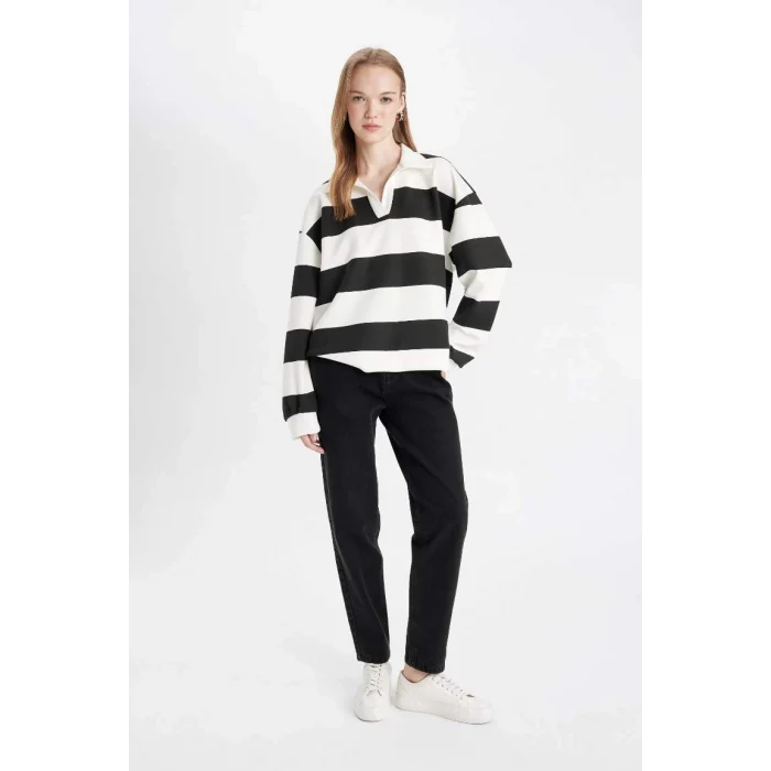 D4754 Oversize Geniş Kalıp Çizgili Polo Yaka Kalın Sweatshirt