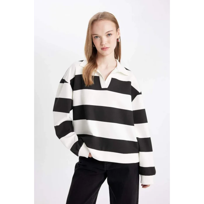 D4754 Oversize Geniş Kalıp Çizgili Polo Yaka Kalın Sweatshirt