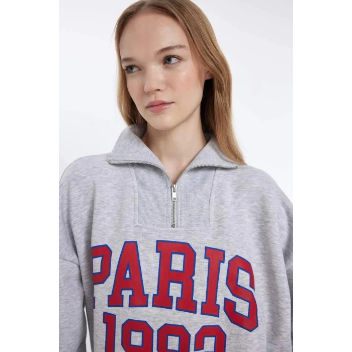 D4762 Oversize Fit Yarım Fermuarlı Kalın Sweatshirt