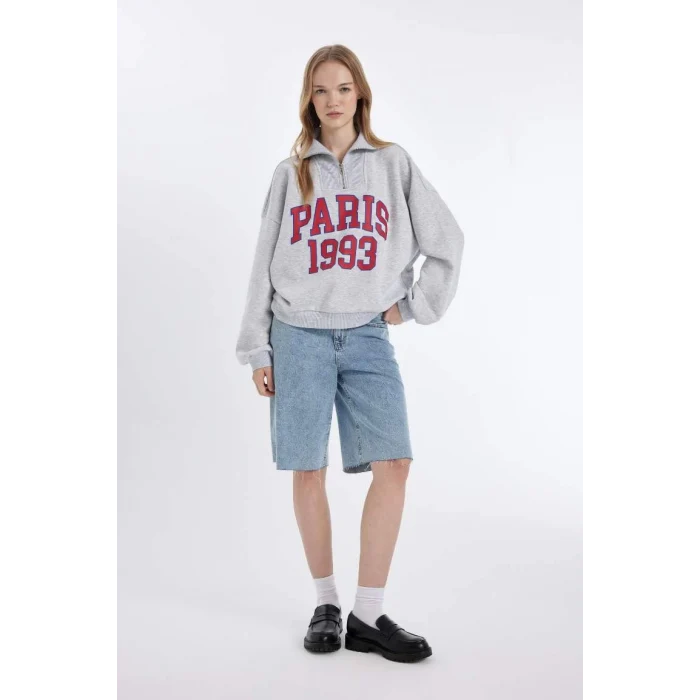 D4762 Oversize Fit Yarım Fermuarlı Kalın Sweatshirt