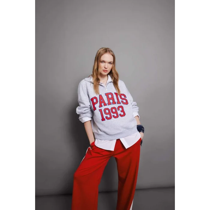 D4762 Oversize Fit Yarım Fermuarlı Kalın Sweatshirt