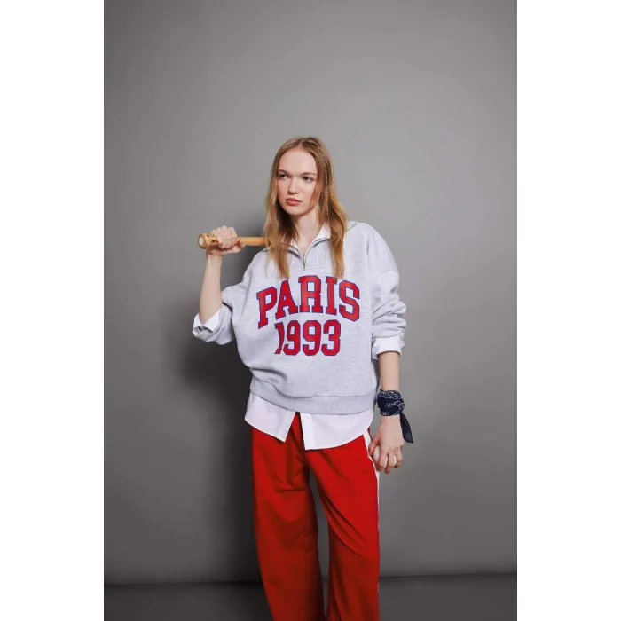 D4762 Oversize Fit Yarım Fermuarlı Kalın Sweatshirt