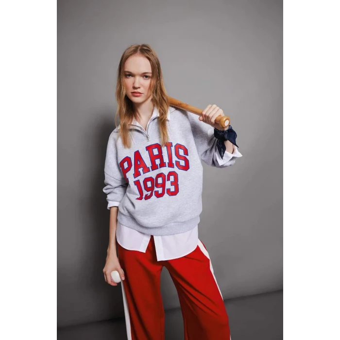 D4762 Oversize Fit Yarım Fermuarlı Kalın Sweatshirt
