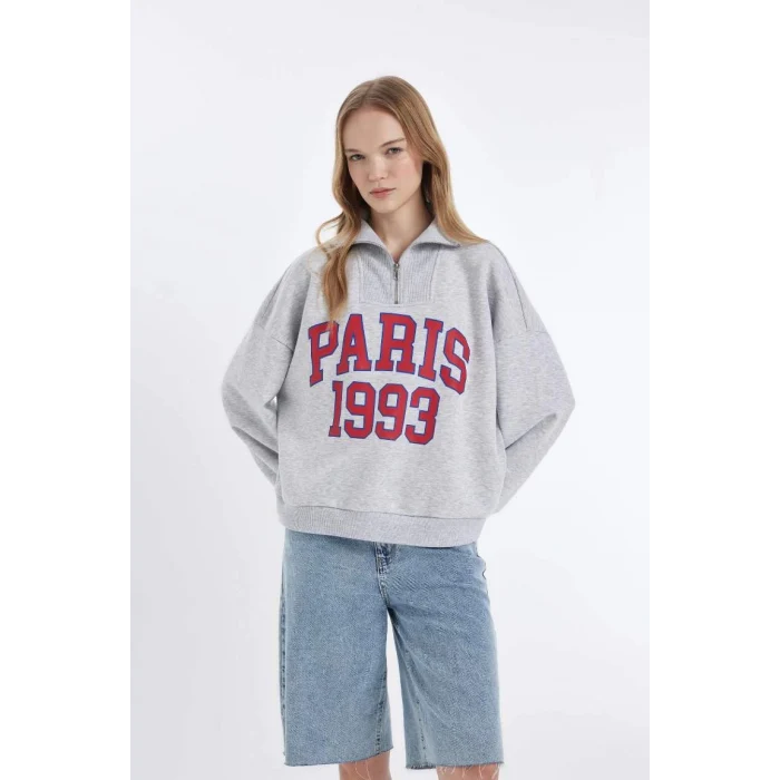 D4762 Oversize Fit Yarım Fermuarlı Kalın Sweatshirt
