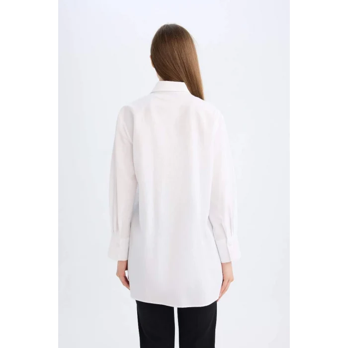 D4773 Relax Fit Gömlek Yaka Poplin Basic Düz Uzun Kollu Beyaz Gömlek Tunik