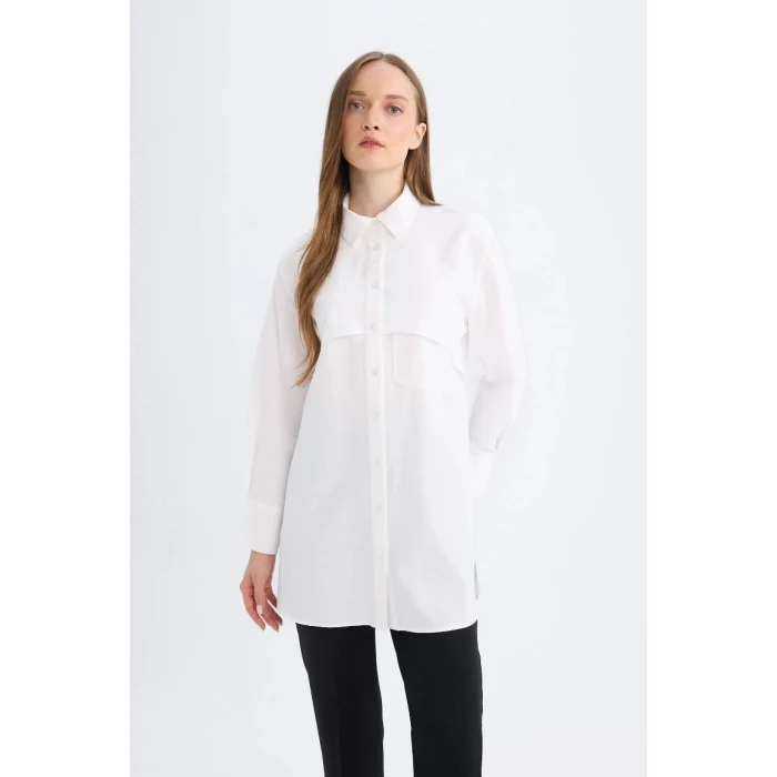 D4773 Relax Fit Gömlek Yaka Poplin Basic Düz Uzun Kollu Beyaz Gömlek Tunik