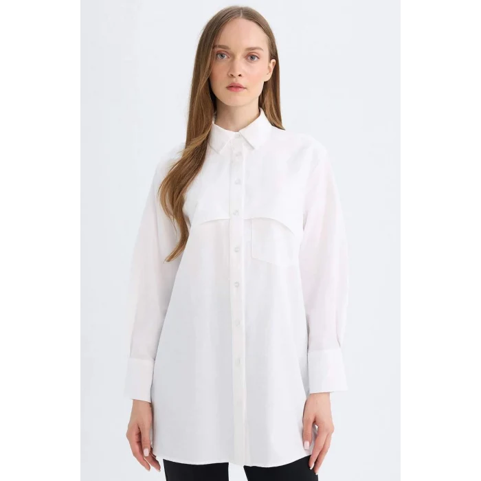 D4773 Relax Fit Gömlek Yaka Poplin Basic Düz Uzun Kollu Beyaz Gömlek Tunik