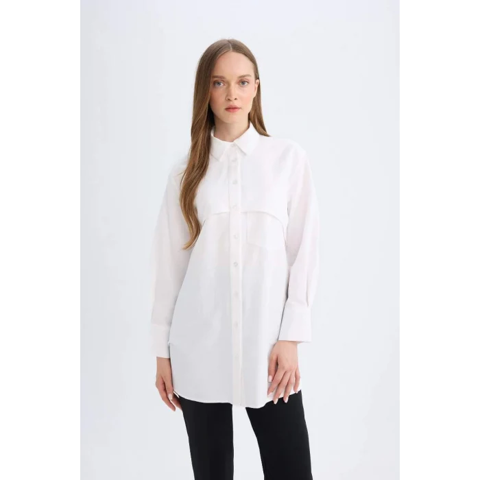 D4773 Relax Fit Gömlek Yaka Poplin Basic Düz Uzun Kollu Beyaz Gömlek Tunik