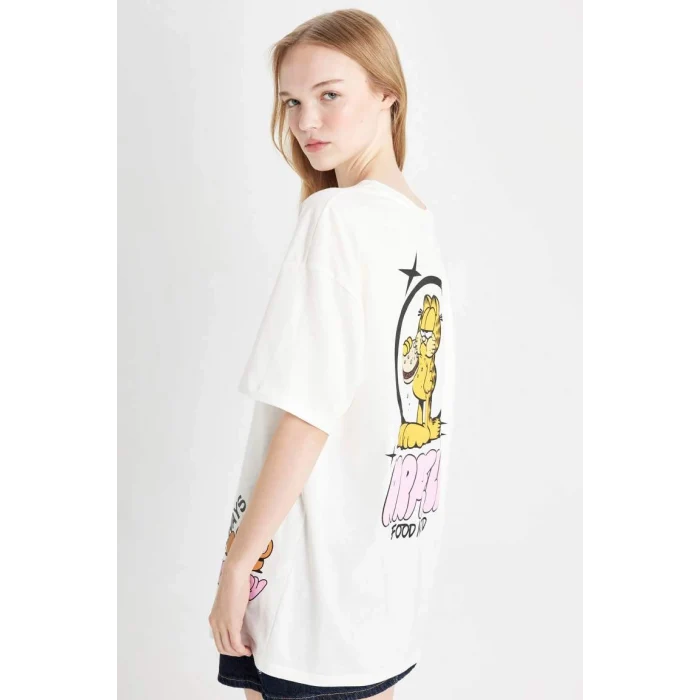D4827 Coool Garfield Oversize Geniş Kalıp Bisiklet Yaka Sırt Baskılı Kısa Kollu Tişört