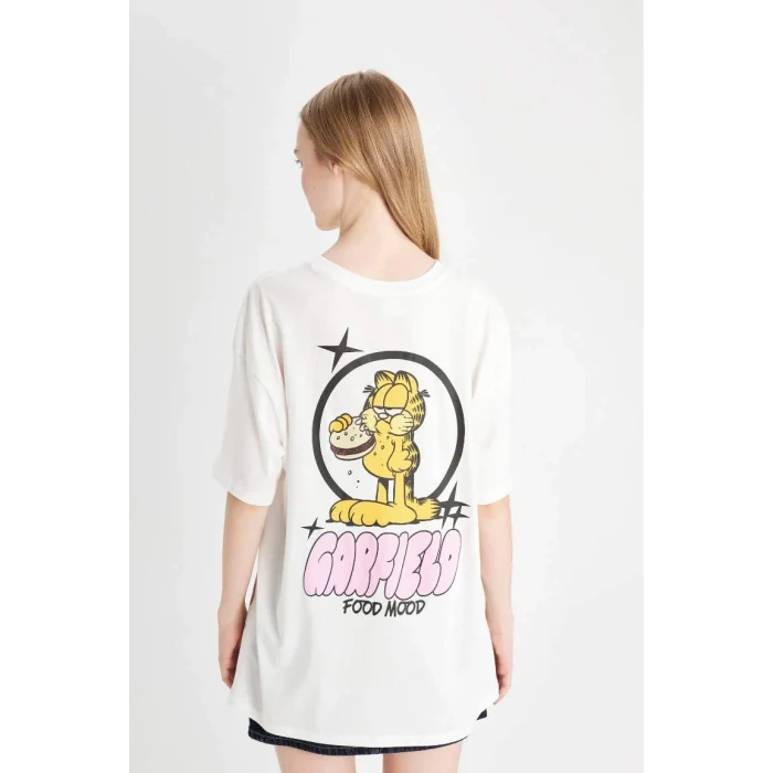 D4827 Coool Garfield Oversize Geniş Kalıp Bisiklet Yaka Sırt Baskılı Kısa Kollu Tişört