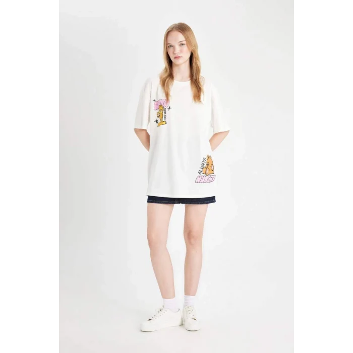 D4827 Coool Garfield Oversize Geniş Kalıp Bisiklet Yaka Sırt Baskılı Kısa Kollu Tişört