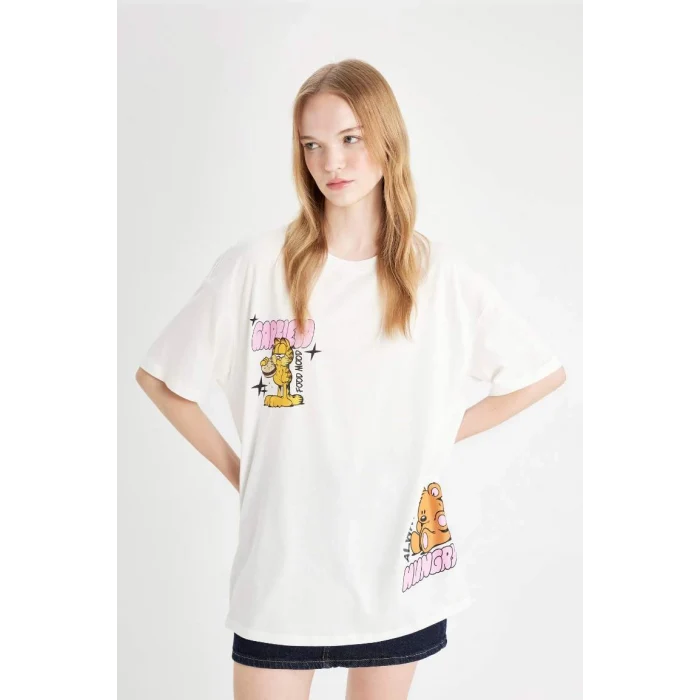 D4827 Coool Garfield Oversize Geniş Kalıp Bisiklet Yaka Sırt Baskılı Kısa Kollu Tişört