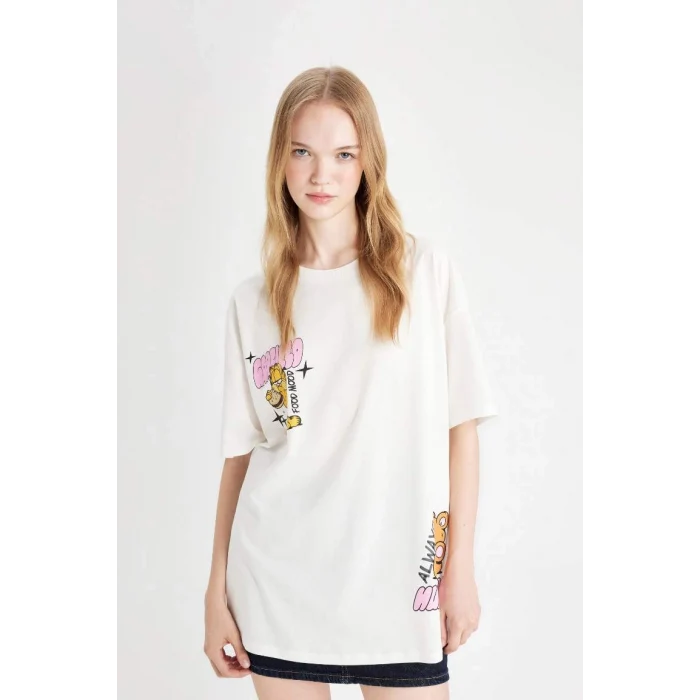 D4827 Coool Garfield Oversize Geniş Kalıp Bisiklet Yaka Sırt Baskılı Kısa Kollu Tişört