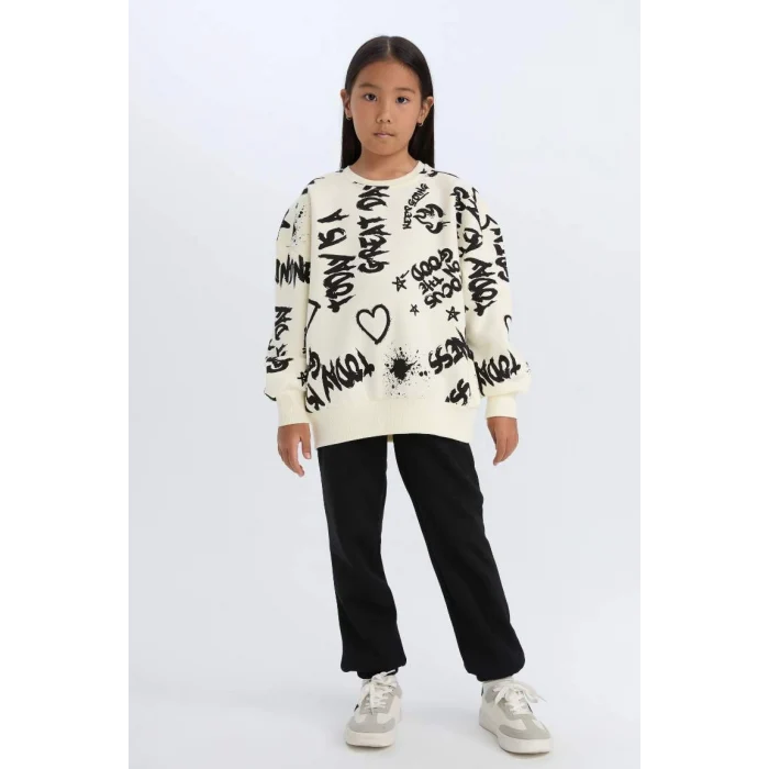 D4871 2li Takım Desenli Sweatshirt Eşofman Altı