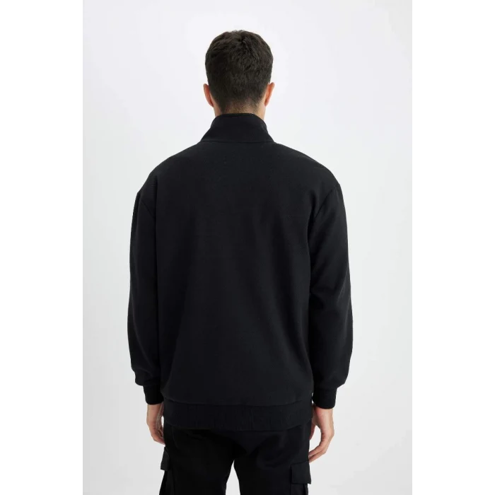 D4971 Comfort Regular Fit Rahat Kesim Dik Yaka Cepli Basic Düz Fermuarlı Sweatshirt Hırka