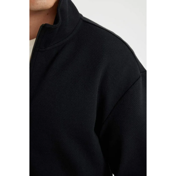 D4971 Comfort Regular Fit Rahat Kesim Dik Yaka Cepli Basic Düz Fermuarlı Sweatshirt Hırka